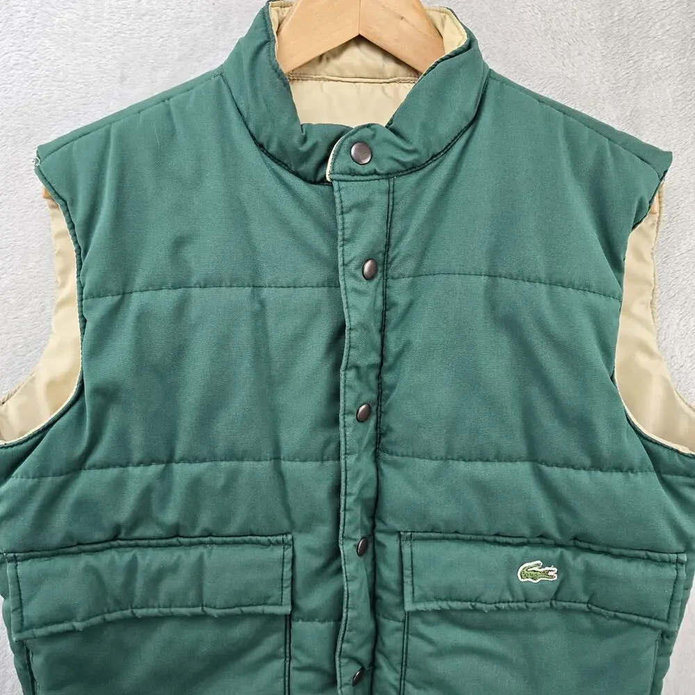 Vintage Lacoste Puffer Vest Mens Medium Green 90s Revirsible Full Zip Snap